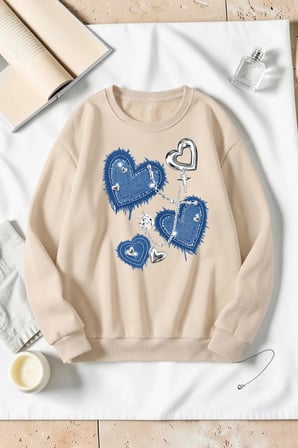 Unisex Denim Kalp Baskılı Bisiklet Yaka Sweatshirt