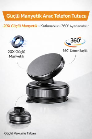 Manyetik Vakumlu Araç İçi Telefon Tutucu – MagSafe Uyumlu, 360° Döner Başlık, Güçlü Mıknatıslı