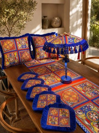 Missidea Sultania Masaüstü Dekor Seti LED'li Bali Şemsiyesi 2 Kırlent Runner ve 6 Peçete Mavi