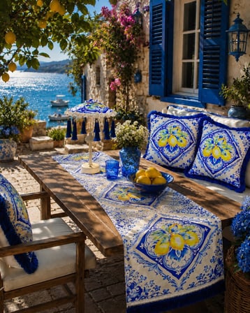 Missidea Azure Bohem Dekoratif  Ledli Bali Şemsiyesi Seti (LED'li Şemsiye + 2 Adet Kırlent + Runner)