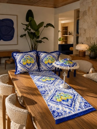 Missidea Azure Bohem Dekoratif  Ledli Bali Şemsiyesi Seti (LED'li Şemsiye + 2 Adet Kırlent + Runner)