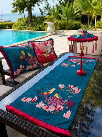 Missidea Vibrant Nature Desenli Aydınlatmalı El Yapımı Dekoratif Bali Şemsiye Seti (LED'li Şemsiye + 2 Adet Kırlent + Runner)