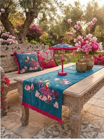 Missidea Vibrant Nature Desenli Aydınlatmalı El Yapımı Dekoratif Bali Şemsiye Seti (LED'li Şemsiye + 2 Adet Kırlent + Runner)