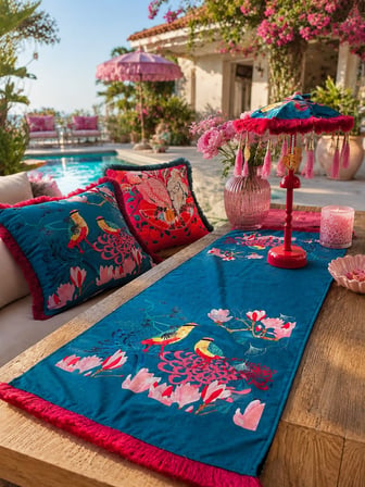 Missidea Vibrant Nature Desenli Aydınlatmalı El Yapımı Dekoratif Bali Şemsiye Seti (LED'li Şemsiye + 2 Adet Kırlent + Runner)