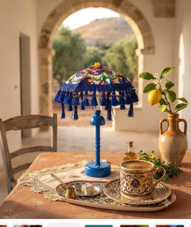Missidea Majolica Desenli Dekoratif Bali Şemsiye Mavi Aydınlatmalı Pilli 30x40 cm