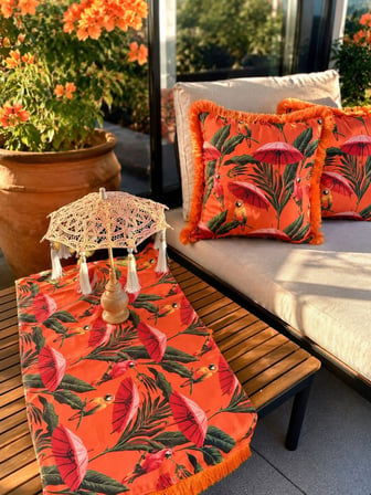 Missidea Flamingo Tropical El Yapımı Ledsiz  Bali Şemsiyesi Seti (Ledsiz Şemsiye+Runner ve 2'li Kırlent Kılıfı)