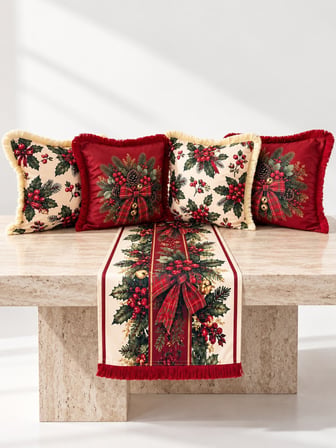 Missidea Christmas Berry 4'lü Kırlent ve Runner Dekorasyon Seti