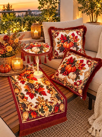 Missidea Autumn Luxury Desenli Dekoratif Masa Üstü Lambası Bali Şemsiyesi Seti – Şemsiye + Runner + 2’li Kırlent Kılıfı