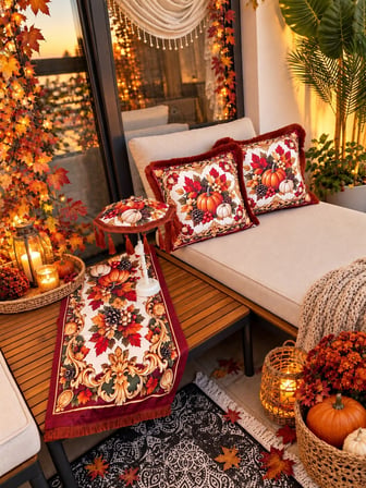 Missidea Autumn Luxury Desenli Dekoratif Masa Üstü Lambası Bali Şemsiyesi Seti – Şemsiye + Runner + 2’li Kırlent Kılıfı