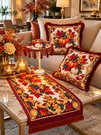 Missidea Autumn Luxury Desenli Dekoratif Masa Üstü Lambası Bali Şemsiyesi Seti – Şemsiye + Runner + 2’li Kırlent Kılıfı