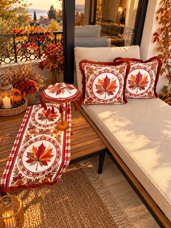 Missidea Fall Elegance Yaprak Desenli  Dekoratif Masa Üstü Lambası Bali Şemsiyesi Seti – Şemsiye + Runner + 2’li Kırlent Kılıfı