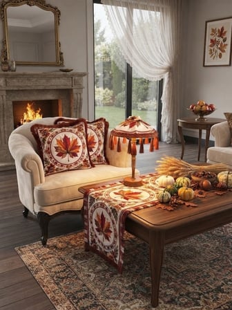 Missidea Fall Elegance Yaprak Desenli  Dekoratif Masa Üstü Lambası Bali Şemsiyesi Seti – Şemsiye + Runner + 2’li Kırlent Kılıfı