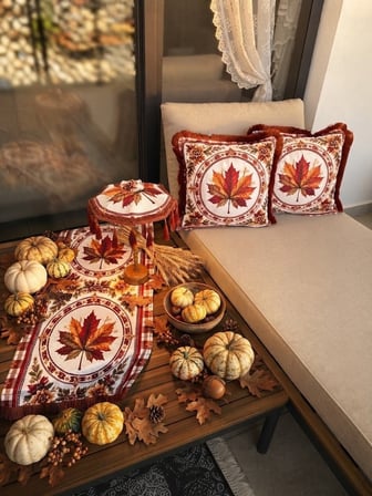 Missidea Fall Elegance Yaprak Desenli  Dekoratif Masa Üstü Lambası Bali Şemsiyesi Seti – Şemsiye + Runner + 2’li Kırlent Kılıfı
