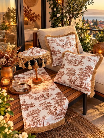 Missidea French Toile Elegance Desenli Dekoratif Masa Üstü Lambası Bali Şemsiyesi Seti – Şemsiye + Runner + 2’li Kırlent Kılıfı