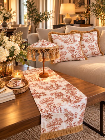 Missidea French Toile Elegance Desenli Dekoratif Masa Üstü Lambası Bali Şemsiyesi Seti – Şemsiye + Runner + 2’li Kırlent Kılıfı
