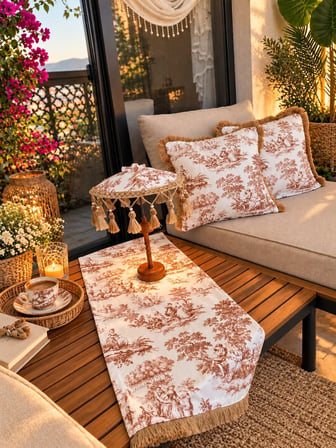 Missidea French Toile Elegance Desenli Dekoratif Masa Üstü Lambası Bali Şemsiyesi Seti – Şemsiye + Runner + 2’li Kırlent Kılıfı