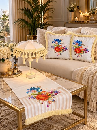 Missidea Romantic Bloom Desenli Dekoratif Masa Üstü Lambası Bali Şemsiyesi Seti – Şemsiye + Runner + 2’li Kırlent Kılıfı