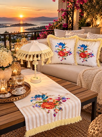 Missidea Romantic Bloom Desenli Dekoratif Masa Üstü Lambası Bali Şemsiyesi Seti – Şemsiye + Runner + 2’li Kırlent Kılıfı