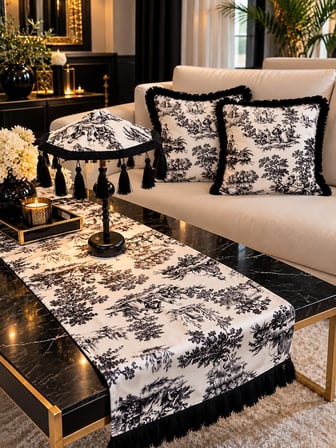 Missidea Black Toile Elegance Desenli Dekoratif Masa Üstü Lambası Bali Şemsiyesi Seti – Şemsiye + Runner + 2’li Kırlent Kılıfı