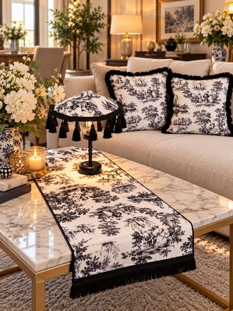 Missidea Black Toile Elegance Desenli Dekoratif Masa Üstü Lambası Bali Şemsiyesi Seti – Şemsiye + Runner + 2’li Kırlent Kılıfı