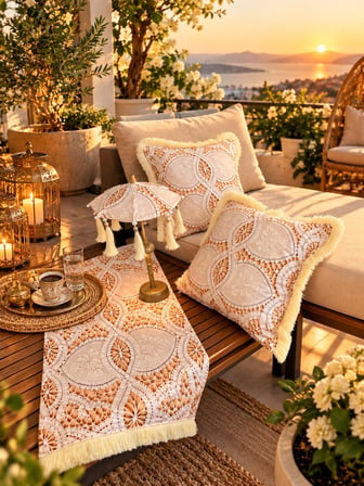 Missidea Lace Elegance Dantel Desenli Dekoratif Masa Üstü Lambası Bali Şemsiyesi Seti – Şemsiye + Runner + 2’li Kırlent Kılıfı