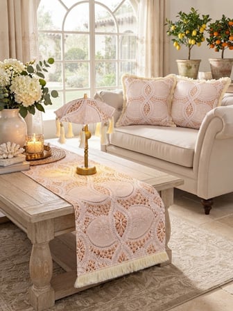 Missidea Lace Elegance Dantel Desenli Dekoratif Masa Üstü Lambası Bali Şemsiyesi Seti – Şemsiye + Runner + 2’li Kırlent Kılıfı