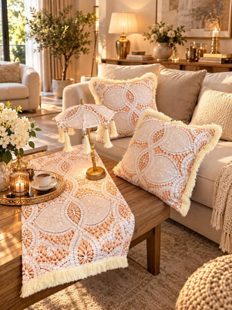 Missidea Lace Elegance Dantel Desenli Dekoratif Masa Üstü Lambası Bali Şemsiyesi Seti – Şemsiye + Runner + 2’li Kırlent Kılıfı