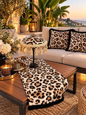 Missidea Leopard Luxury Desenli Dekoratif Masa Üstü Lambası Bali Şemsiyesi Seti – Şemsiye + Runner + 2’li Kırlent Kılıfı