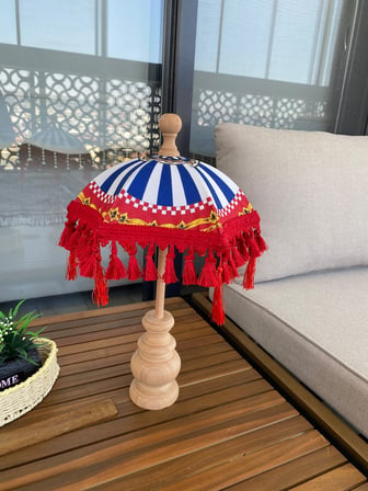 Missidea Kırmızı Çarkıfelek Desenli El Yapımı Dekoratif Bali Şemsiyesi 50 cm Ahşap