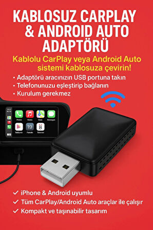 Kablosuz Carplay & Android Auto Adaptörü - Apple Ve Android Cihazlar İçin Evrensel Wireless Carplay Çevirici