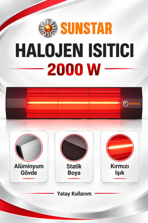 Sunstar Profesyonel 2000 W Halojen Isıtıcı – Alüminyum Gövde, Siyah Statik Boyalı, Kırmızı Işıklı Lo