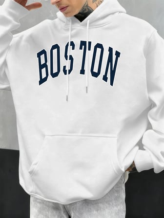 Boston Mektup Logo Tasarımı Erkekler Hoody Sonbahar Polar Kapüşonlular Hip Hop Büyük Boy Soka
