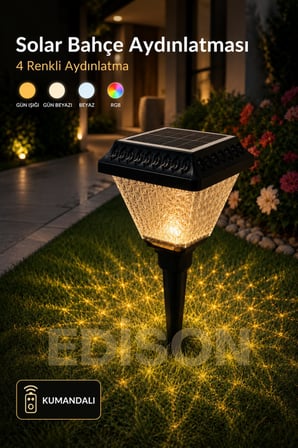 Solar Kazıklı Bahçe Lambası Kumandalı 4 Renk RGB LED 30W 200 Lümen IP65 Dış Mekan Aydınlatma