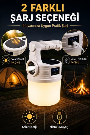 Solar Şarjlı Kamp Lambası USB Şarjlı LED Kamp Feneri Acil Durum Işığı Taşınabilir El Feneri