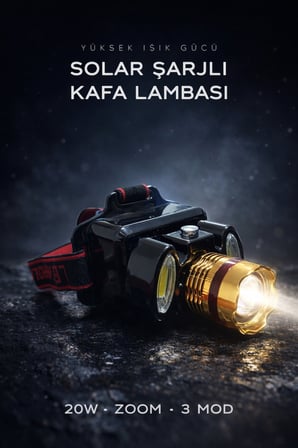 Solar Şarjlı Kafa Lambası 20W Güçlü Işık Zoomlu 3 Mod LED Kamp Tamir Acil Durum Şarjlı