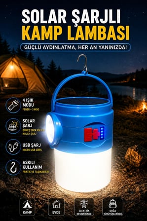 Solar Şarjlı Kamp Lambası Işıldak 4 Modlu USB Şarjlı Acil Durum Feneri Askılı LED Lamba