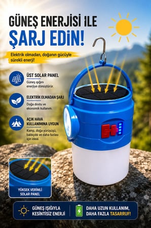 Solar Şarjlı Kamp Lambası Işıldak 4 Modlu USB Şarjlı Acil Durum Feneri Askılı LED Lamba