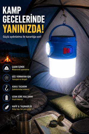 Solar Şarjlı Kamp Lambası Işıldak 4 Modlu USB Şarjlı Acil Durum Feneri Askılı LED Lamba