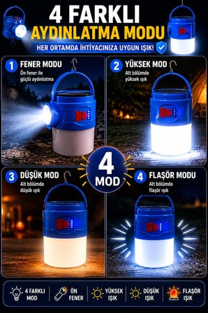 Solar Şarjlı Kamp Lambası Işıldak 4 Modlu USB Şarjlı Acil Durum Feneri Askılı LED Lamba
