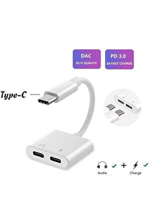 Type C To Type C Kulaklık Hızlı Şarj Giriş Çevirici Çoklayıcı Çoğaltıcı Splitter Adaptör