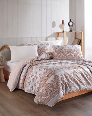 Lodos Home Conzaliza %100 Pamuklu Çift Kişilik Nevresim Takımı-Beyaz/Gül Kurusu