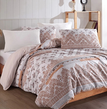 Lodos Home Conzaliza %100 Pamuklu Çift Kişilik Nevresim Takımı-Beyaz/Gül Kurusu