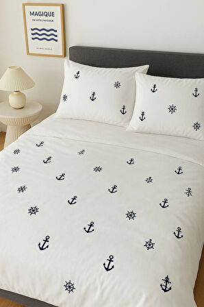 Lodos Home Conzaliza %100 Pamuklu Denizci Desen Çift Kişilik Nevresim Takımı-Beyaz/Siyah