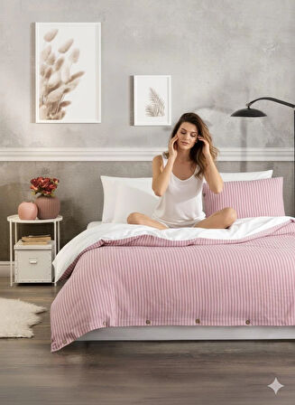 Çift Kişilik %100 Pamuk Ranforce Düğmeli Nevresim Takımı – Lastikli Çarşaflı 200x220 cm Pembe