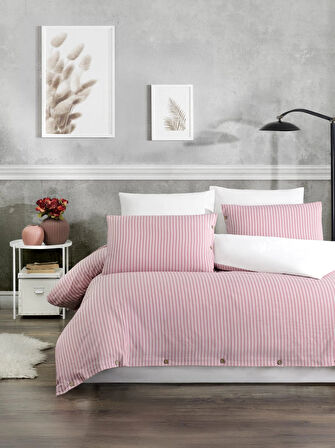Çift Kişilik %100 Pamuk Ranforce Düğmeli Nevresim Takımı – Lastikli Çarşaflı 200x220 cm Pembe