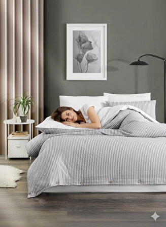 Çift Kişilik %100 Pamuk Ranforce Düğmeli Nevresim Takımı – Lastiksiz Çarşaflı 200x220 cm Açık Gri