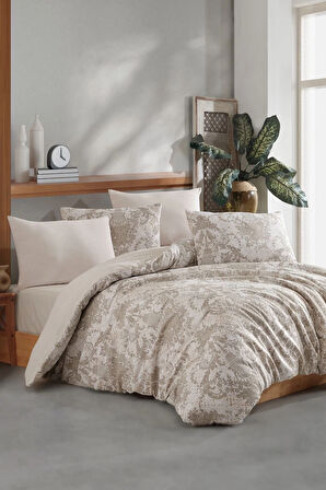 Lodos Home Conzaliza %100 Pamuklu Vazo Desenli Çift Kişilik Nevresim Takımı-Beyaz/Bej