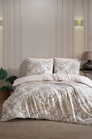 Lodos Home Conzaliza %100 Pamuklu Vazo Desenli Çift Kişilik Nevresim Takımı-Beyaz/Bej