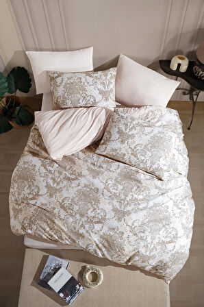 Lodos Home Conzaliza %100 Pamuklu Vazo Desenli Çift Kişilik Nevresim Takımı-Beyaz/Bej