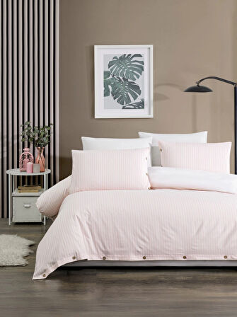 Çift Kişilik %100 Pamuk Ranforce Düğmeli Nevresim Takımı – Lastikli Çarşaflı 200x220 cm Krem